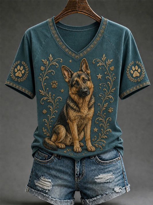 Women's Retro Dog Print Casual V-Neck Tee
