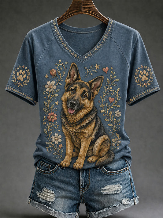 Women's Retro Dog Print Casual V-Neck Tee