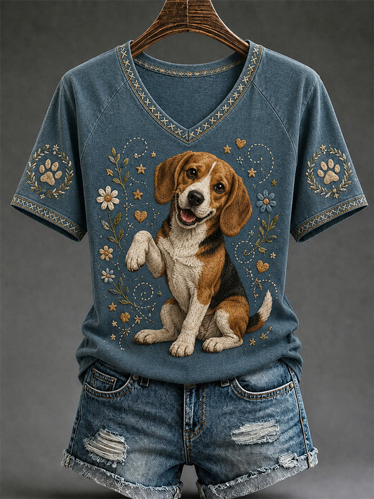 Women's Retro Dog Print Casual V-Neck Tee
