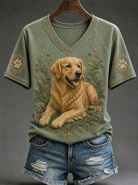 Women's Retro Dog Print Casual V-Neck Tee