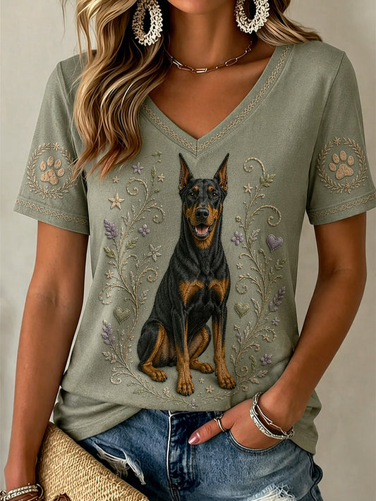 Women's Retro Floral Dog Print Casual V-Neck Tee