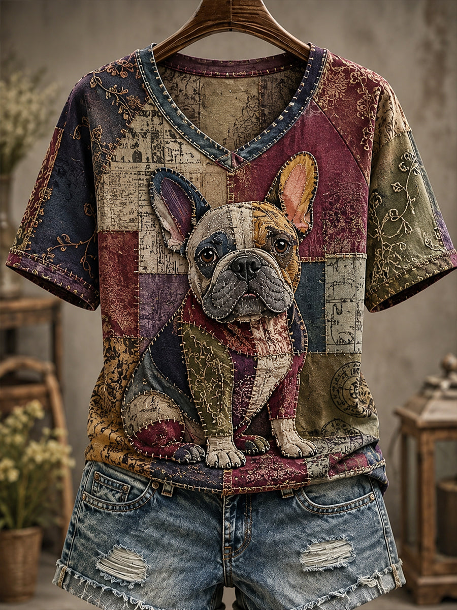 Women's Fun Puppy Patchwork V-neck off-shoulder short-sleeved T-shirt