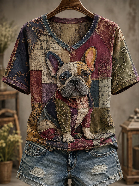 Women's Fun Puppy Patchwork V-neck off-shoulder short-sleeved T-shirt