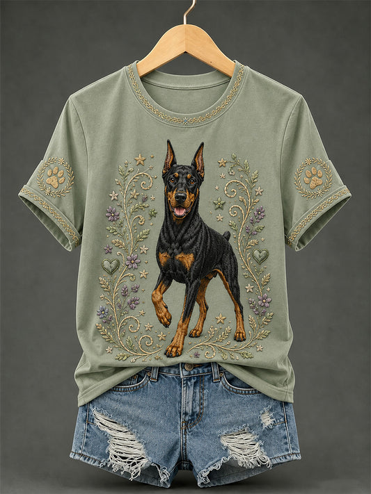 Women's Retro Floral Dog Print Casual Tee