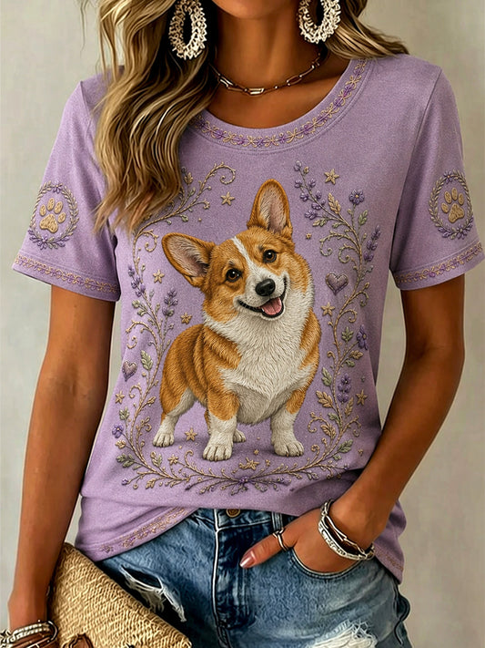 Women's Retro Floral Dog Print Casual Tee