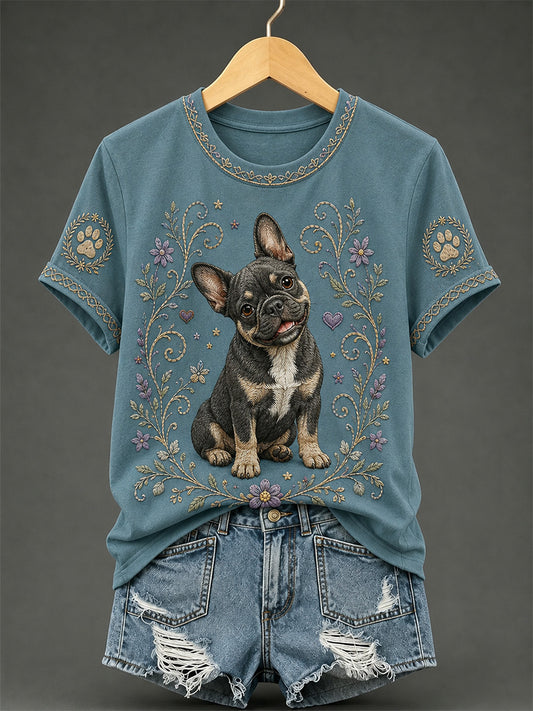 Women's Retro Floral Dog Print Casual Tee