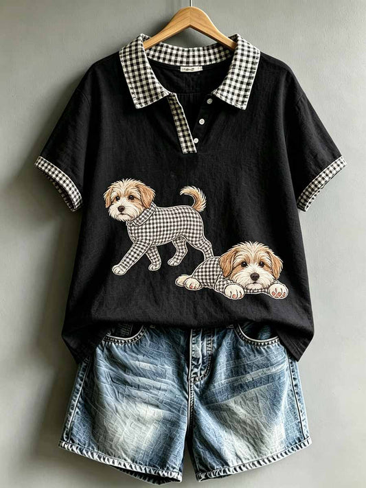 Women's Vintage Cute Dog Pattern Printed Polo Shirt
