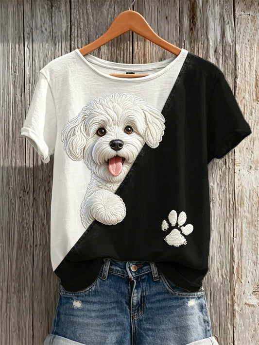 Women's Peeking Maltese Dog & Paw Print Contrast Print short-sleeved T-shirt
