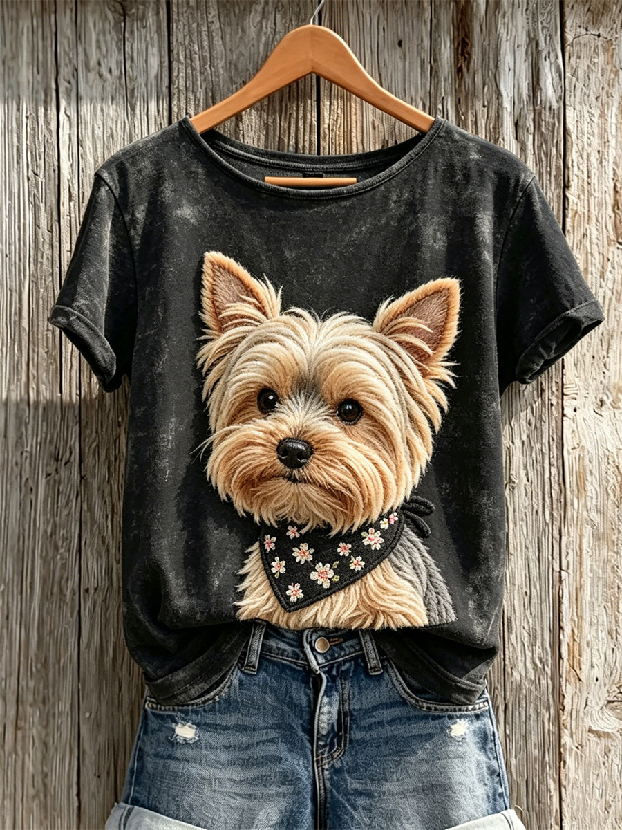 Women's Fuzzy Yorkshire Dog Print short-sleeved T-shirt