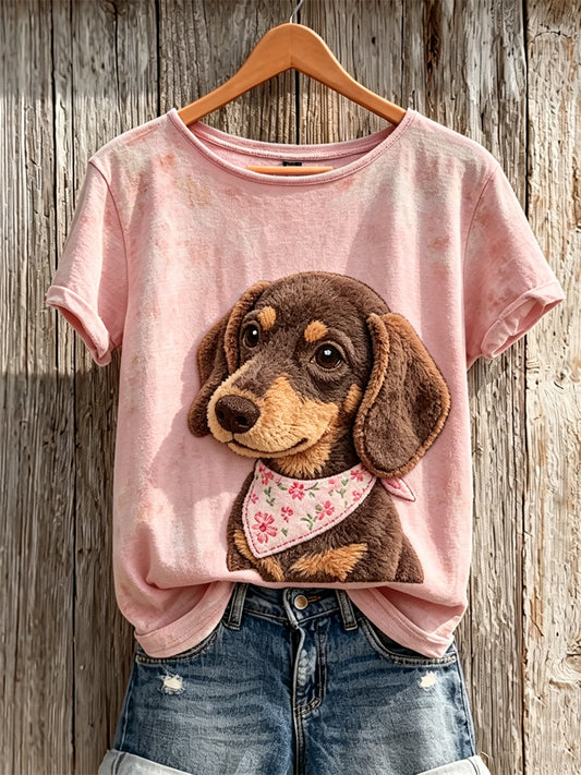 Women's Fuzzy Dachshund Dog Print short-sleeved T-shirt