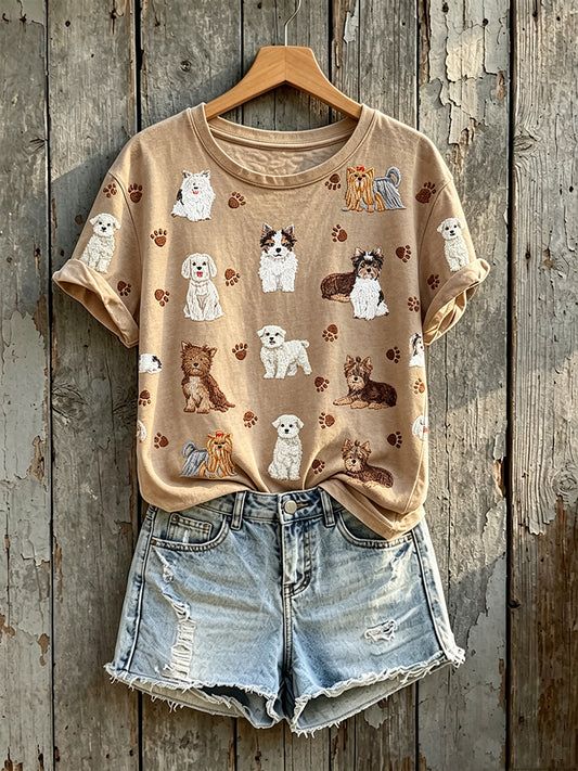 Women's Cute Dogs Pattern Print Round Neck Short-sleeved T-shirt