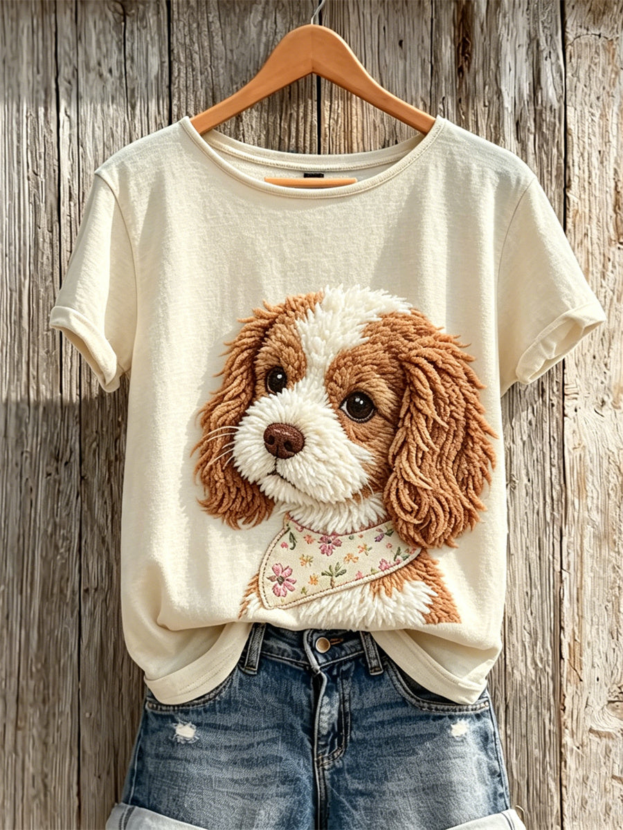Women's Fuzzy Cavalier King Charles Spaniel Dog Print short-sleeved T-shirt