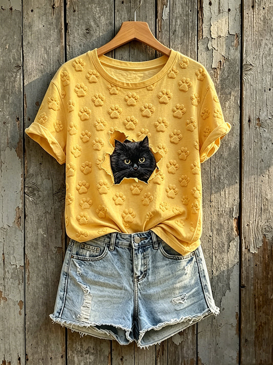 Women's Cute Black Cat & Paws Pattern Print Short-sleeved T-shirt
