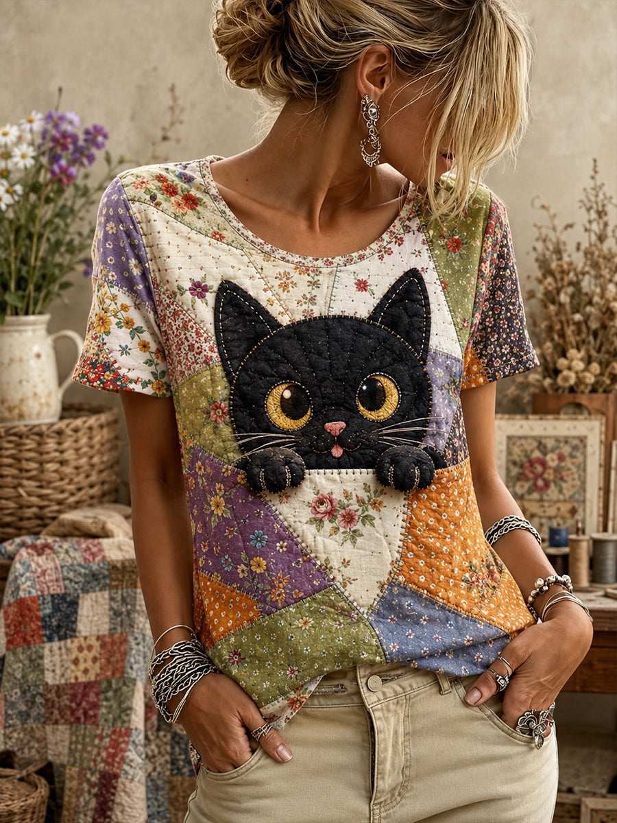 Women's Cute Floral Cat Patchwork Short-Sleeved T-Shirt