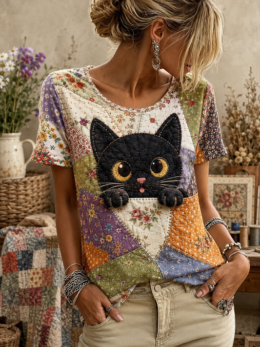 Women's Cute Floral Cat Patchwork Short-Sleeved T-Shirt