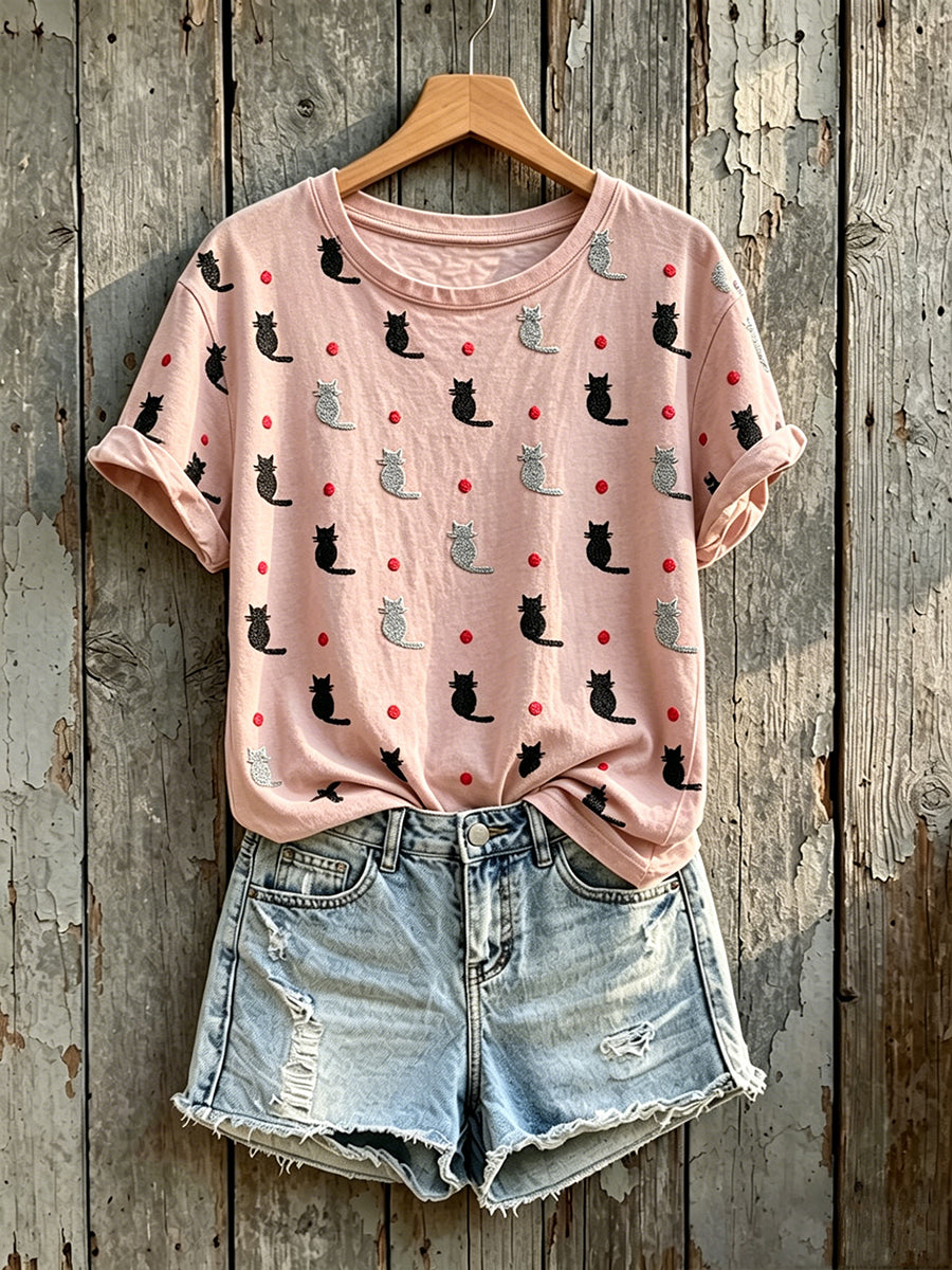 Women's Lovely Cats Print Round Neck Short-sleeved T-shirt
