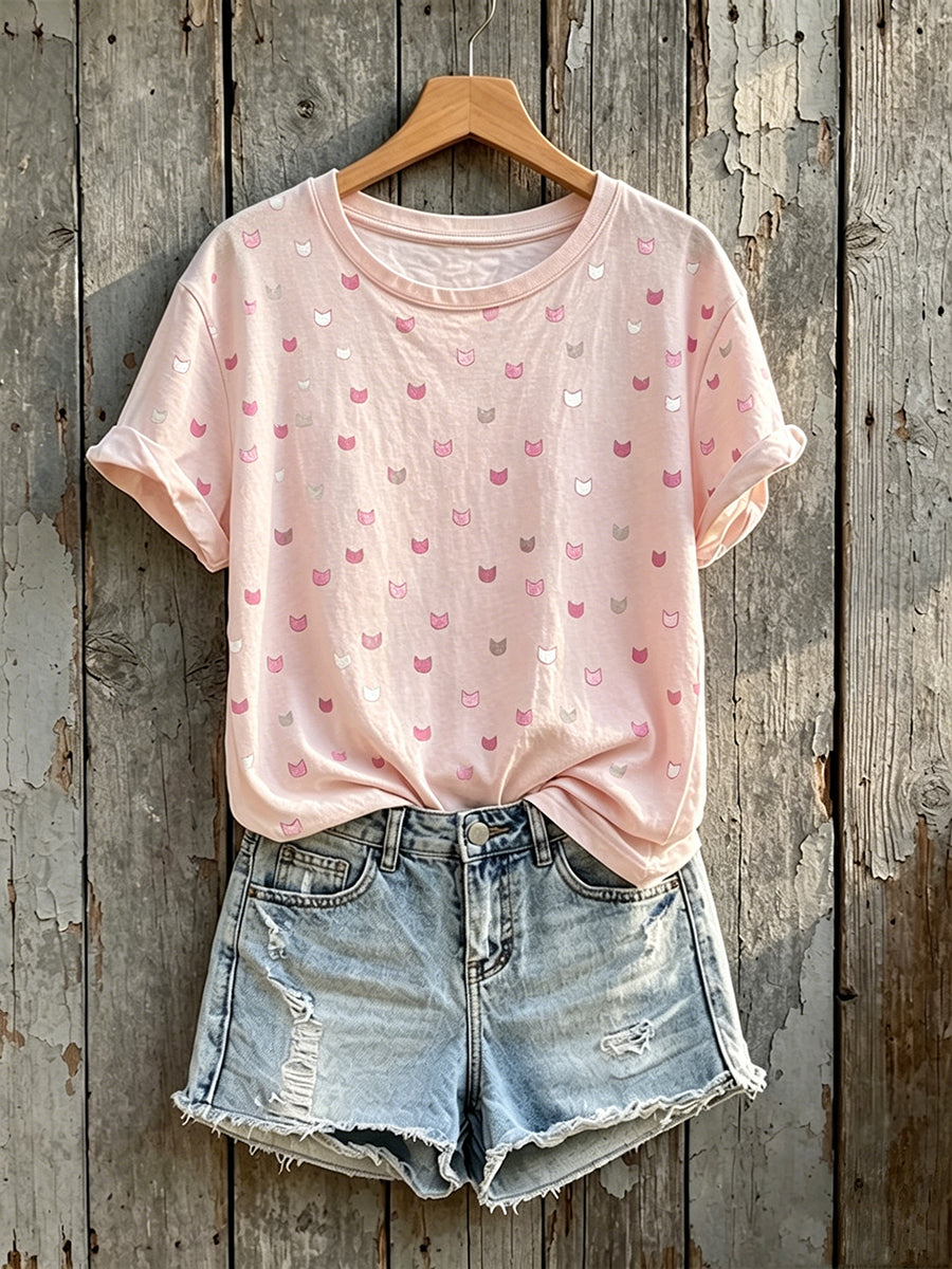 Women's Cute Cat Head Art Print Short-sleeved T-shirt