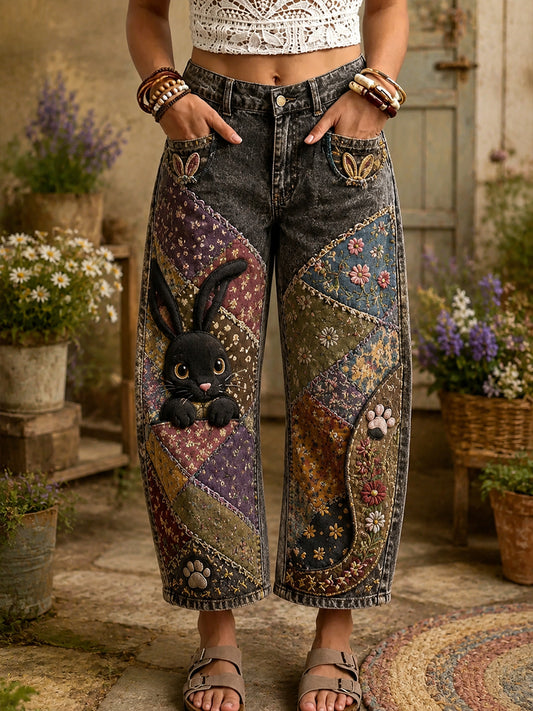 Women's Cute Floral Rabbit Patchwork Art Print Pocketing Trousers