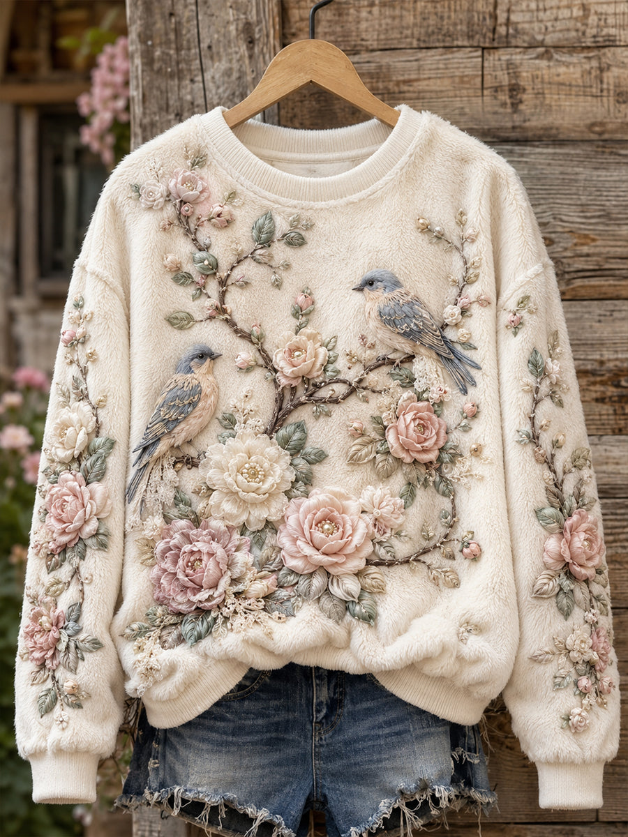Women's Flowers and Birds Round-Neck Long-Sleeve T-Shirt