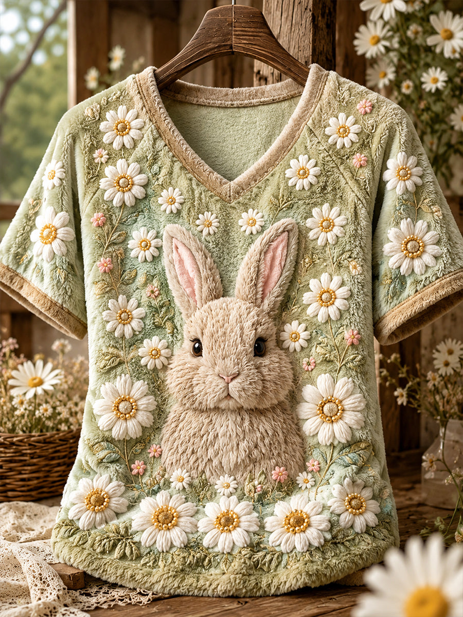 Women's Playful Daisy Rabbit V-neck off-shoulder short-sleeved T-shirt