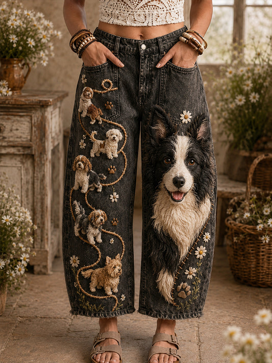 Women's Cute Plush Puppy Art Print Pocketing Trousers