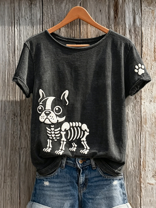 Women's Lovely Skeleton Bulldog & Paw Print short-sleeved T-shirt