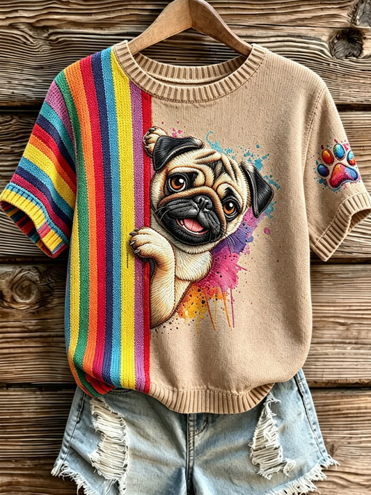 Women's Dog Stripe Printed Vintage Fashion Loose Short Sleeve T-Shirt