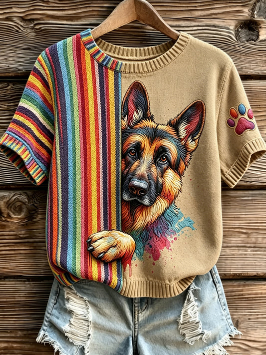 Women's Dog Stripe Printed Vintage Fashion Loose Short Sleeve T-Shirt