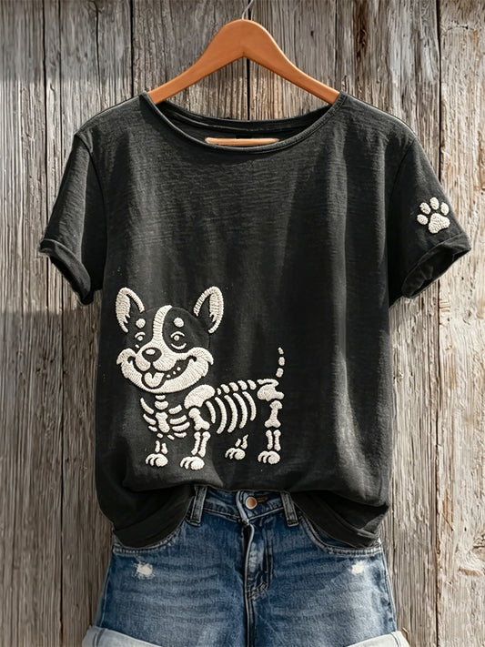 Women's Lovely Skeleton Corgi Dog & Paw Print short-sleeved T-shirt
