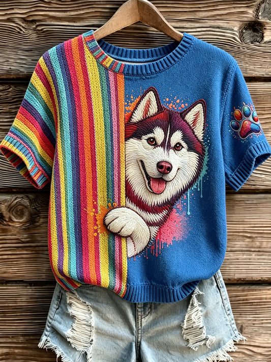 Women's Dog Stripe Printed Vintage Fashion Loose Short Sleeve T-Shirt