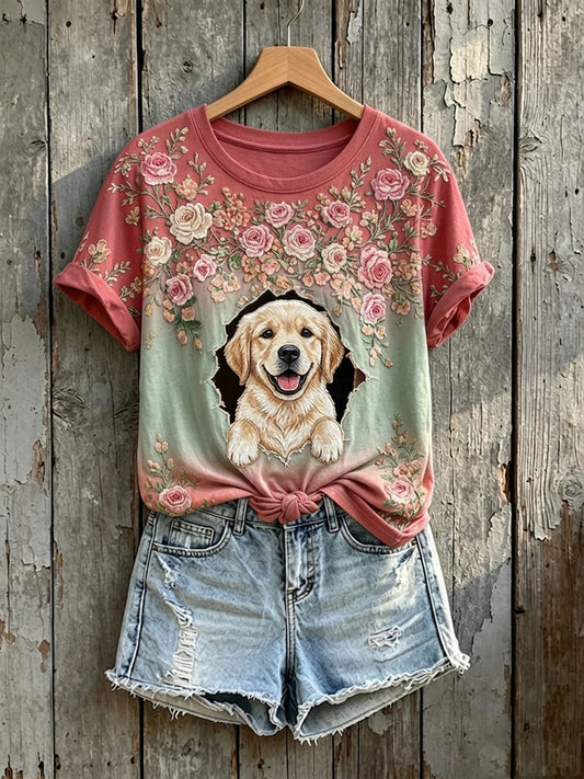 Women's Cute FLoral Golden Retriever Print Short-sleeved T-shirt