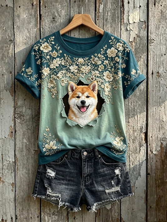 Women's Cute Floral Shiba Inu Print Short-sleeved T-shirt