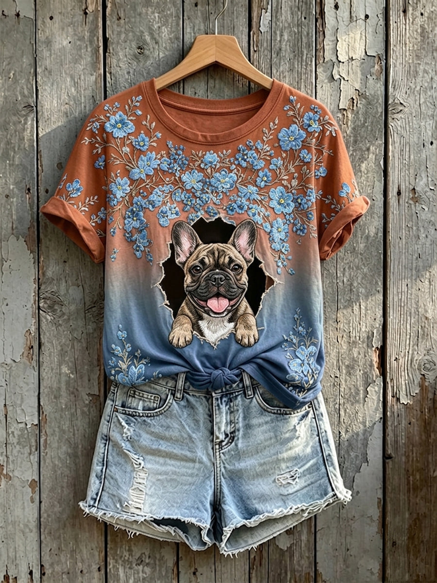 Women's Lovely Floral French Bulldog Art Print Short-sleeved T-shirt