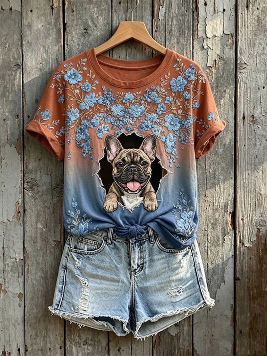 Women's Lovely Floral French Bulldog Art Print Short-sleeved T-shirt