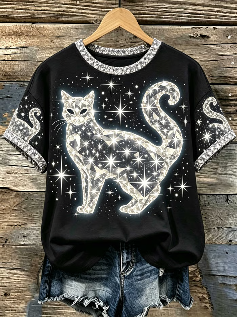 Women's Crystal-embellished cat print design short-sleeved T-shirt