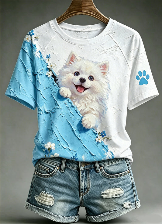 Women's Animal Dog Printed Vintage Fashion Loose Short Sleeve T-Shirt