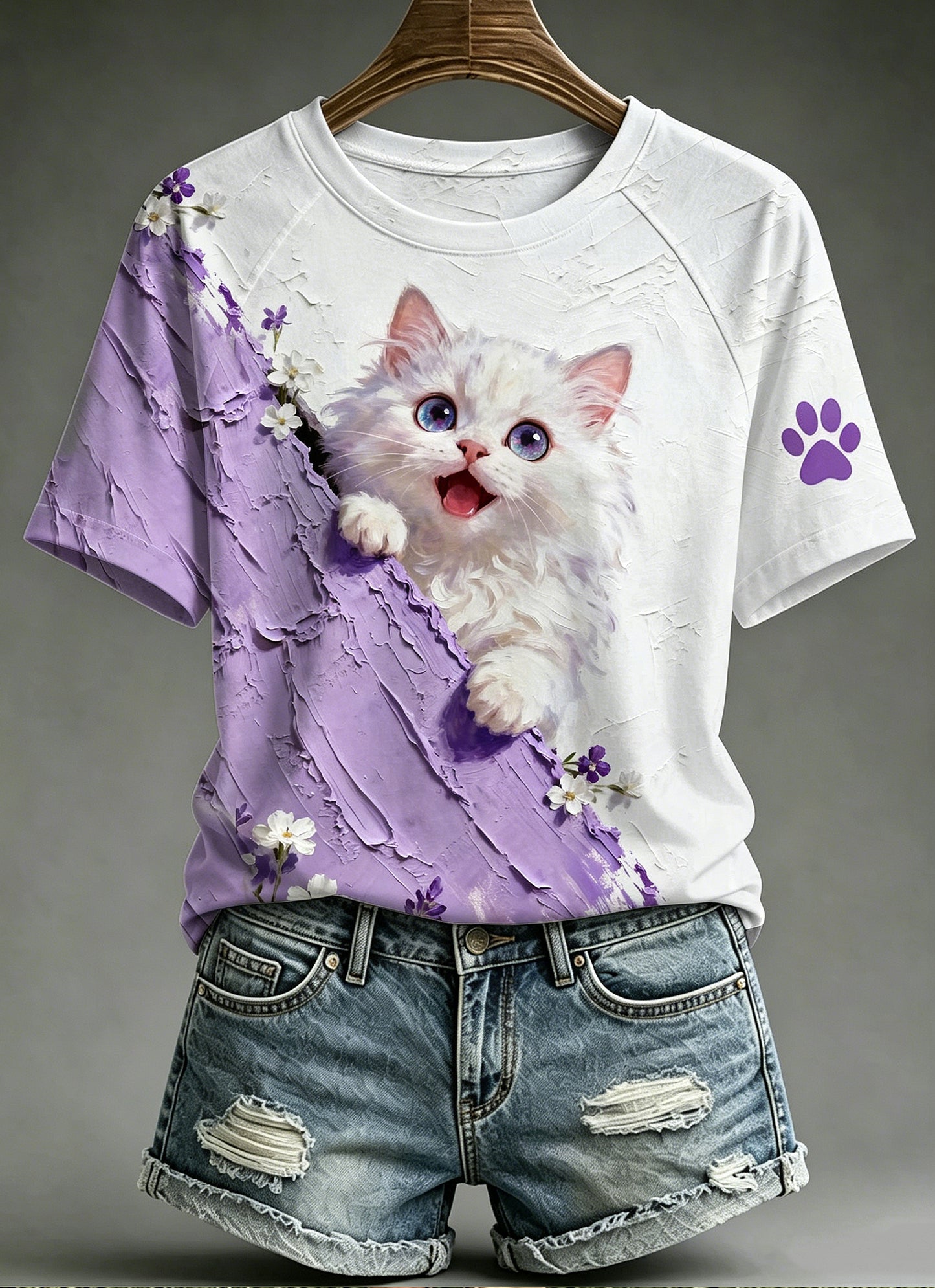 Women's Animal Cat Printed Vintage Fashion Loose Short Sleeve T-Shirt