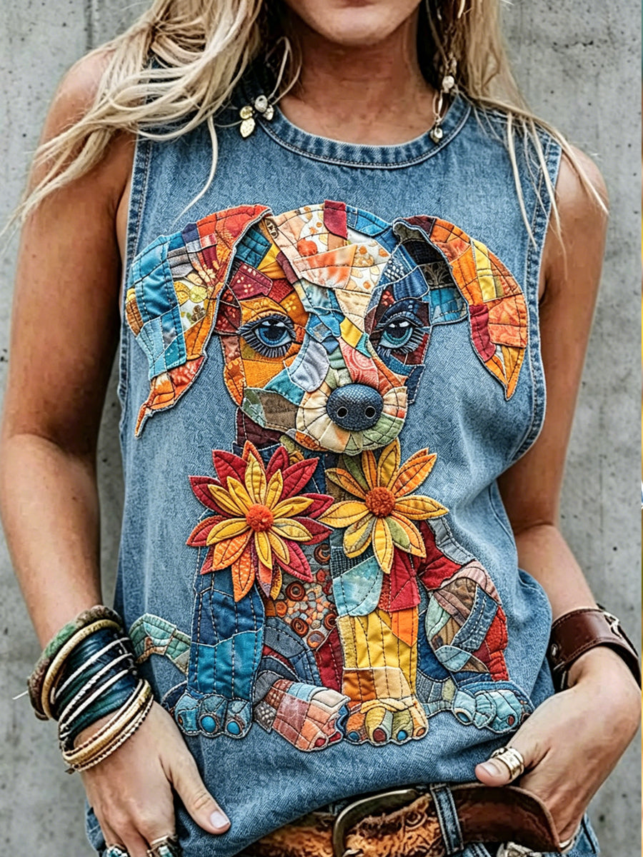Women's Retro Animals Dog Print Sleeveless Tank Top