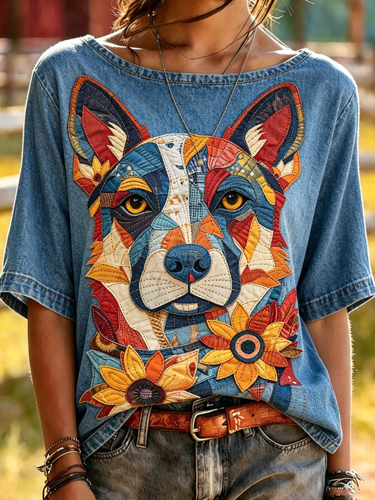 Women's Animal Dog Printed Vintage Fashion Loose Short Sleeve T-Shirt