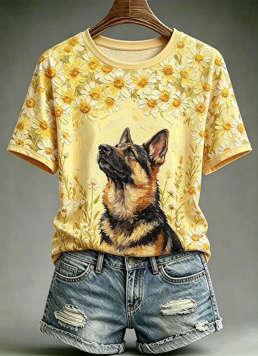 Women's Oil Painting Animal Dog Printed Vintage Fashion Loose Short Sleeve T-Shirt