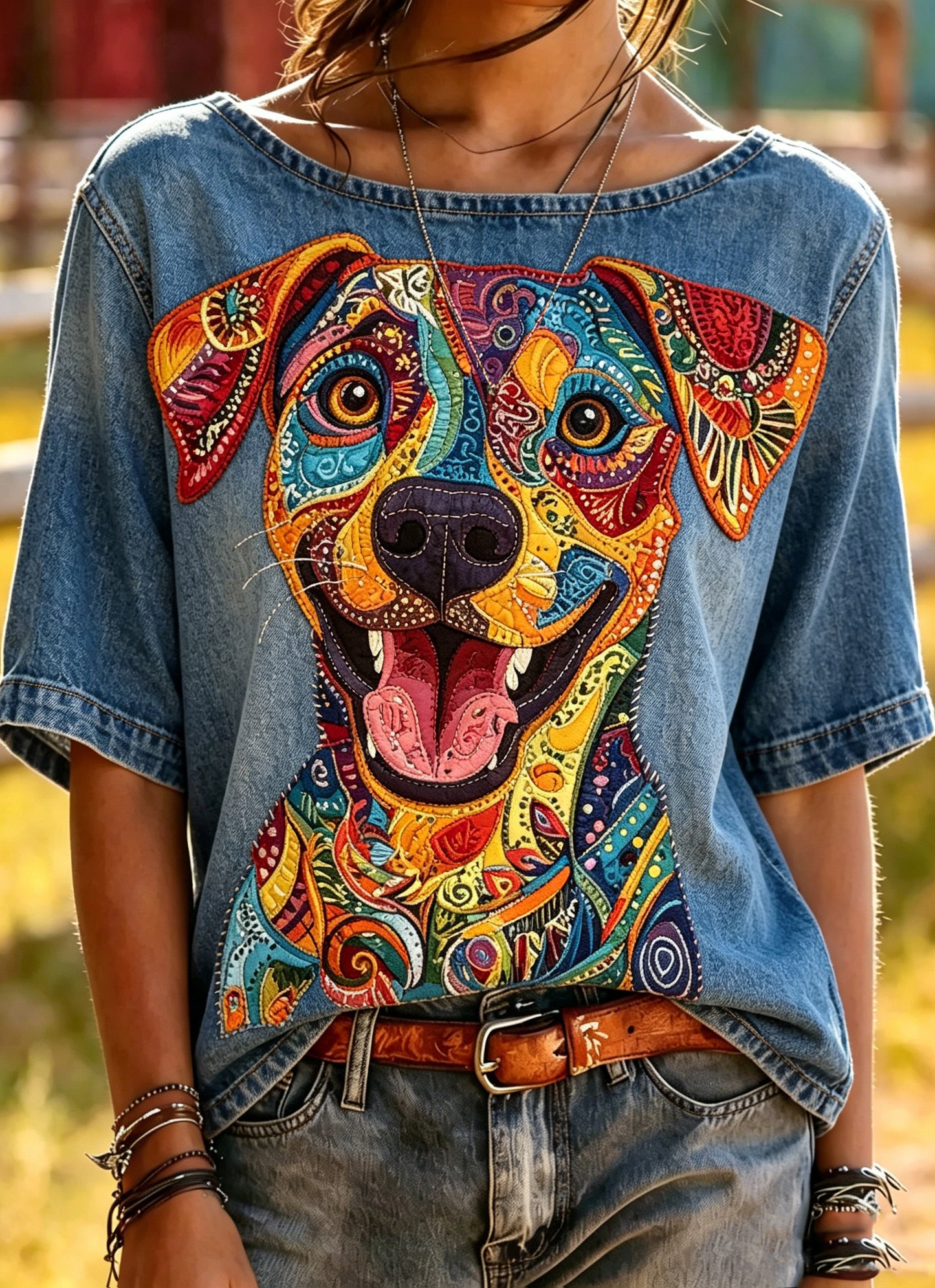 Women's Animal Dog Printed Vintage Fashion Loose Short Sleeve T-Shirt