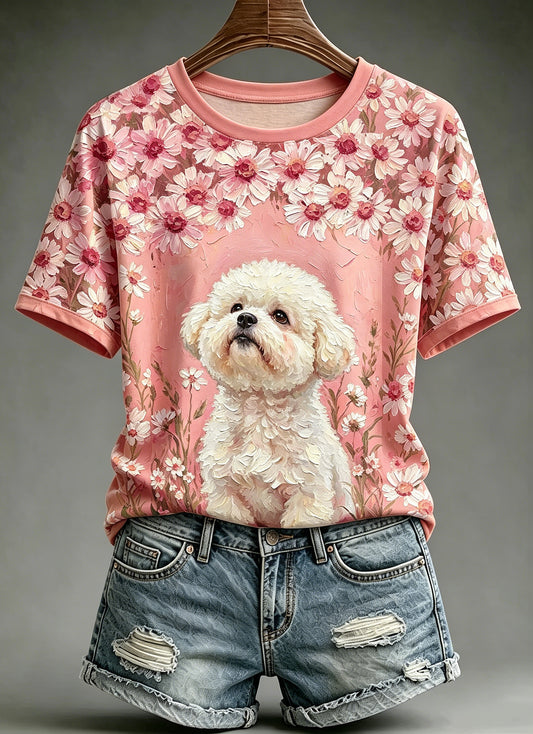 Women's Oil Painting Animal Dog Printed Vintage Fashion Loose Short Sleeve T-Shirt