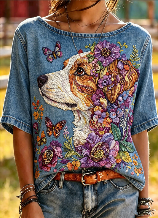 Women's Animal Dog Printed Vintage Fashion Loose Short Sleeve T-Shirt