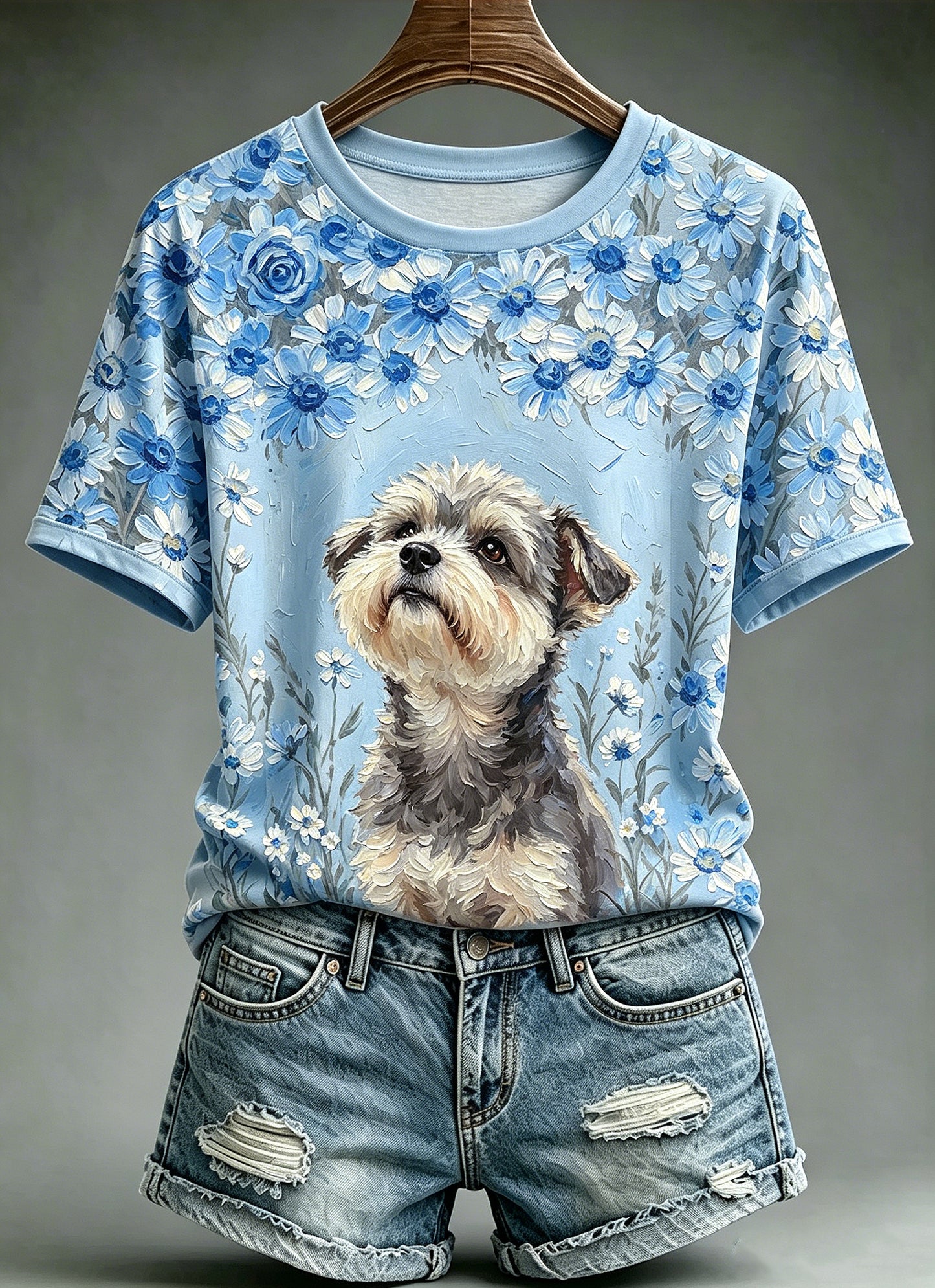 Women's Oil Painting Animal Dog Printed Vintage Fashion Loose Short Sleeve T-Shirt