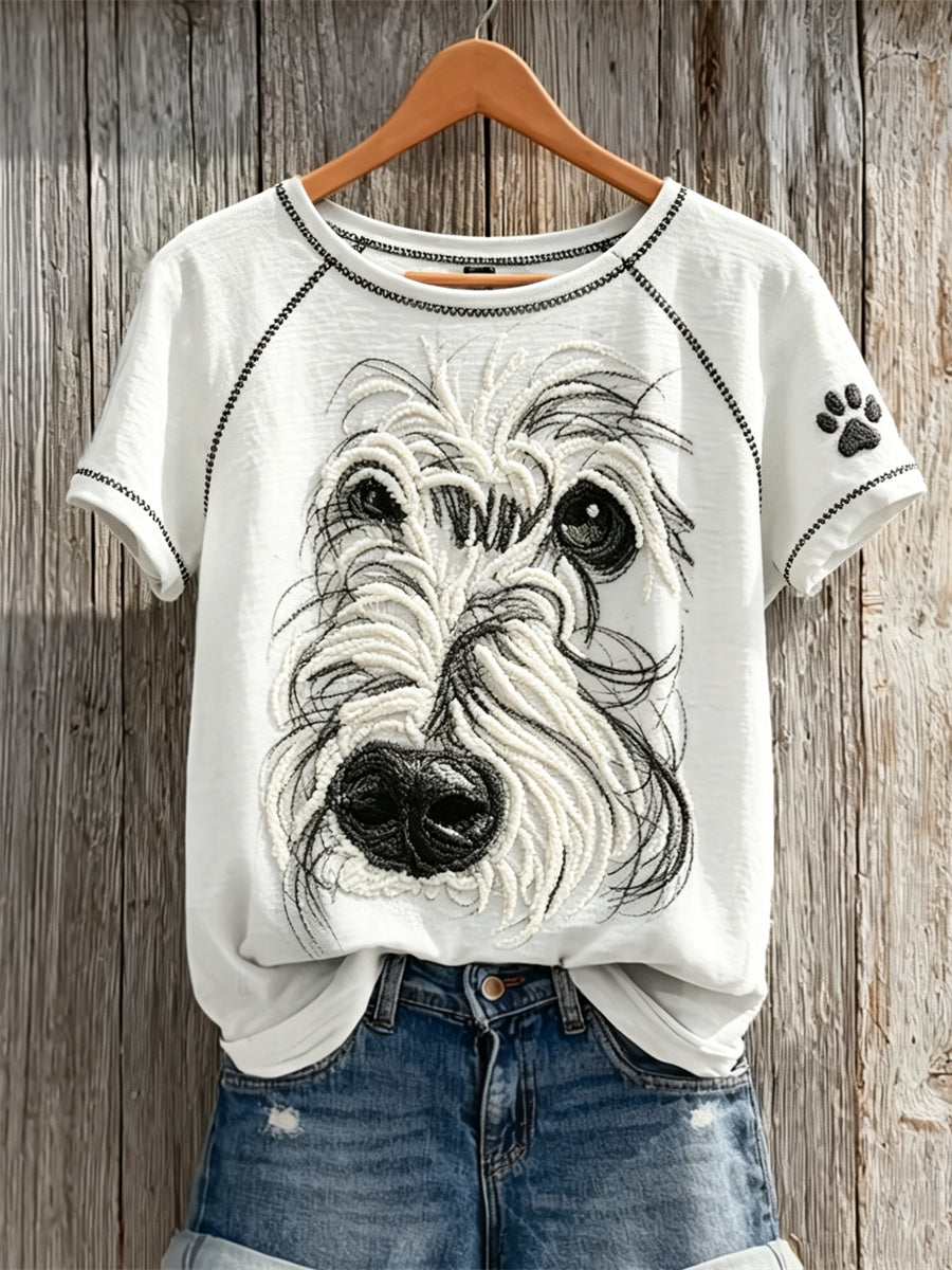 Women's Fuzzy Maltese Dog Face Abstract Art & Paw Print short-sleeved T-shirt