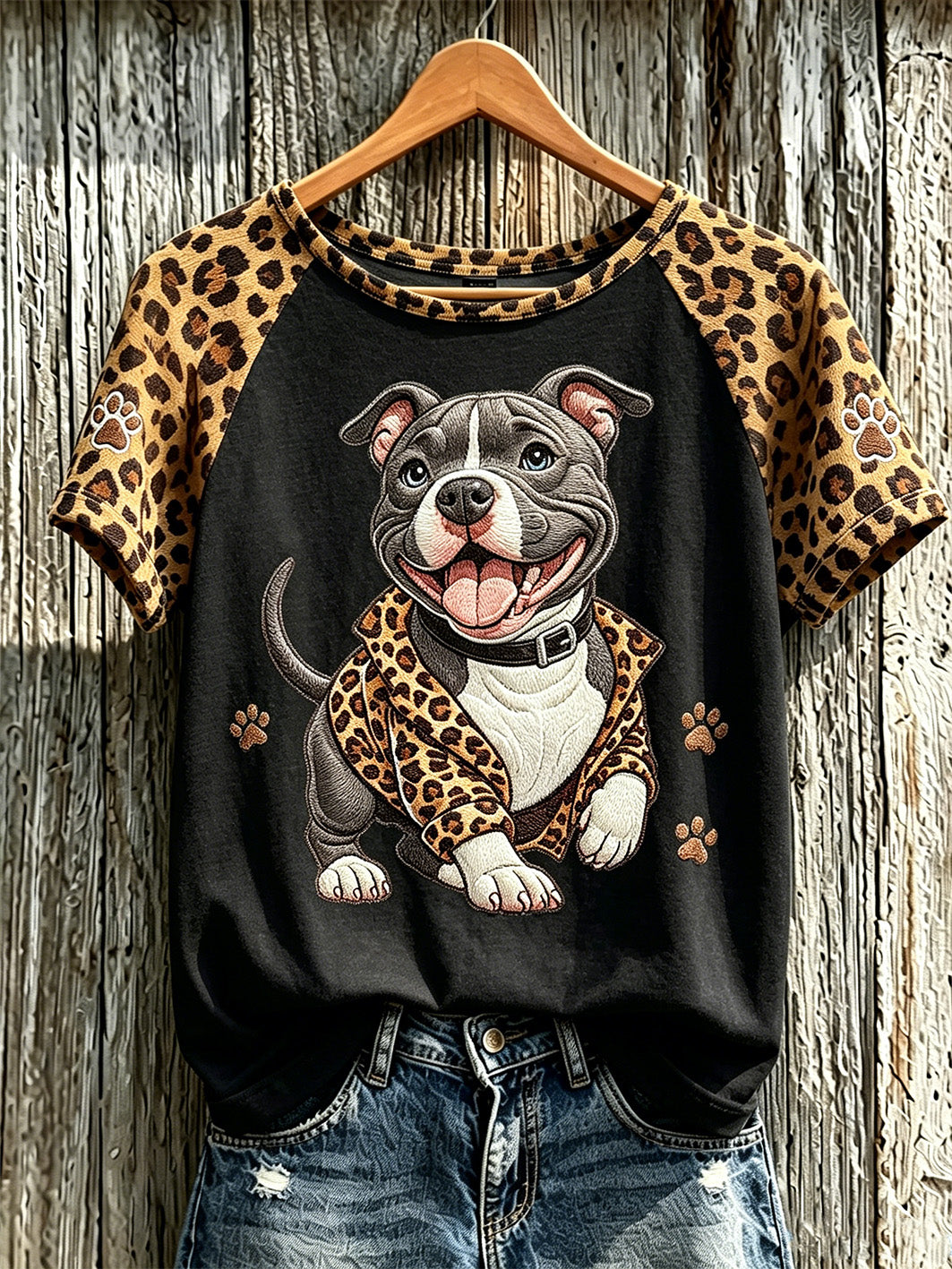 Women's retro leopard print dog pattern printed casual short-sleeve T-shirt