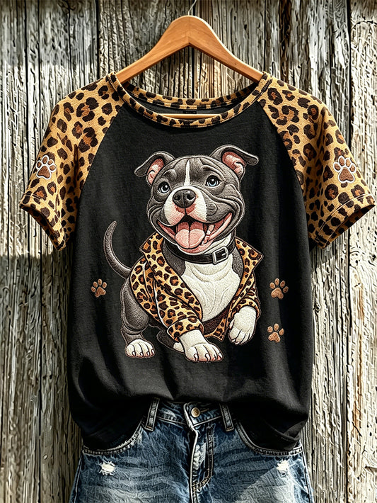 Women's retro leopard print dog pattern printed casual short-sleeve T-shirt