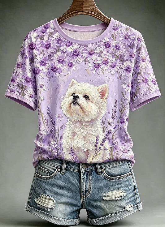 Women's Oil Painting Animal Dog Printed Vintage Fashion Loose Short Sleeve T-Shirt