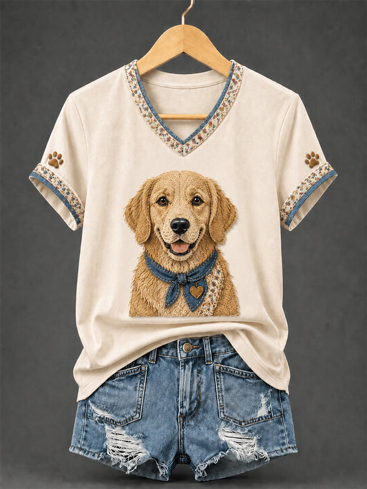 Women's Retro Patchwork Dog Print V-Neck Tee