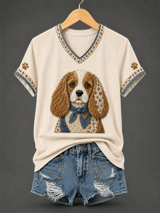 Women's Retro Patchwork Dog Print V-Neck Tee